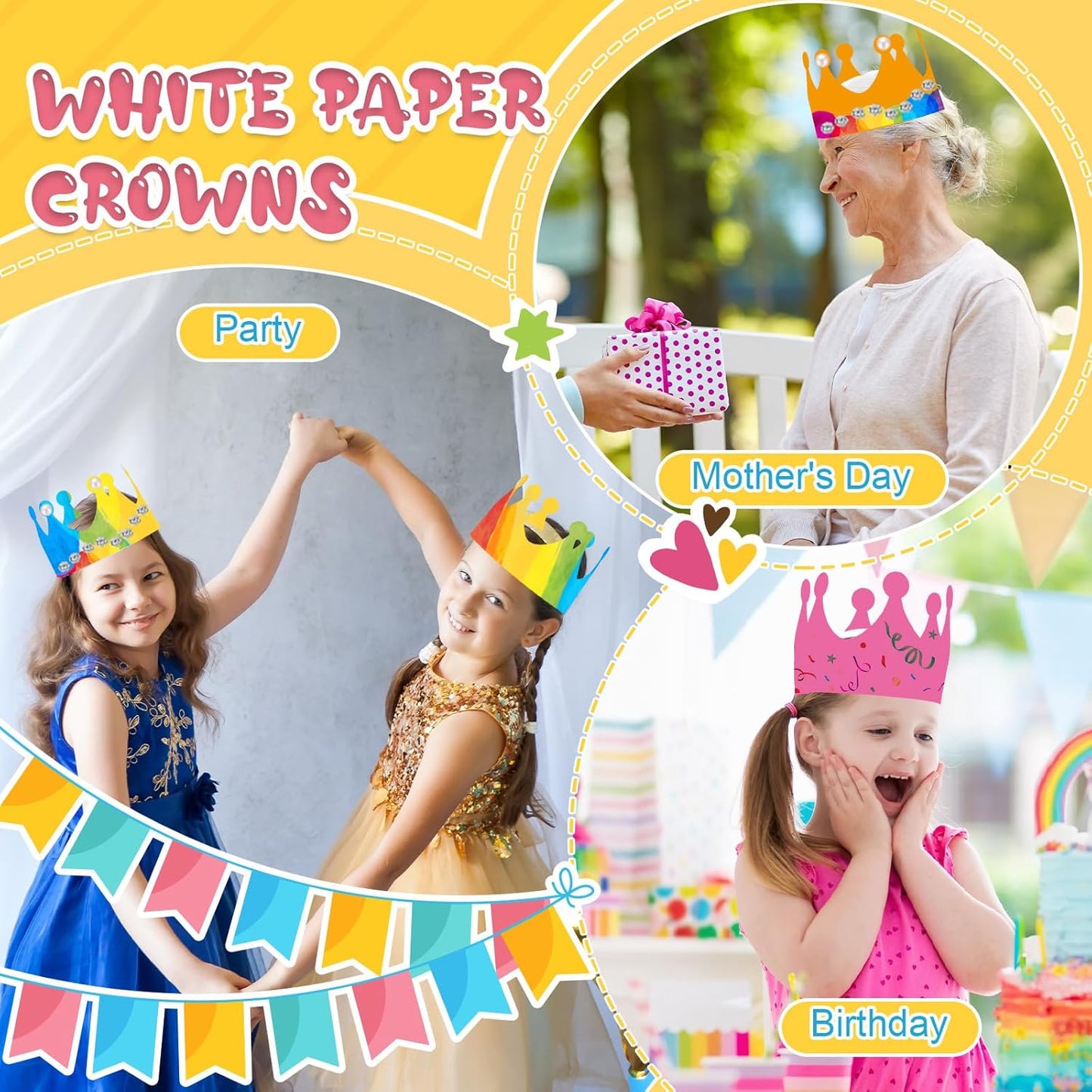 Jetec 50 Pcs White Paper Crowns Kids DIY Birthday Crowns for Classroom Birthday Party Hats Decorations Baby Shower Supplies (Traditional)