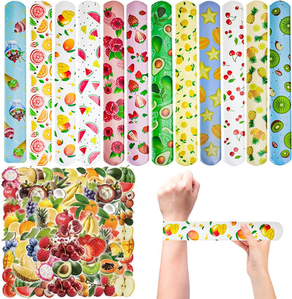 CZWXOXO 74PCS Fruit Slap Bracelets&Stickers Summer Fruit Theme 24PCS Slap Bracelets 50PCS Stickers Party Favors Basket Bag Filler School Prizes Gifts Party Favors Bulk