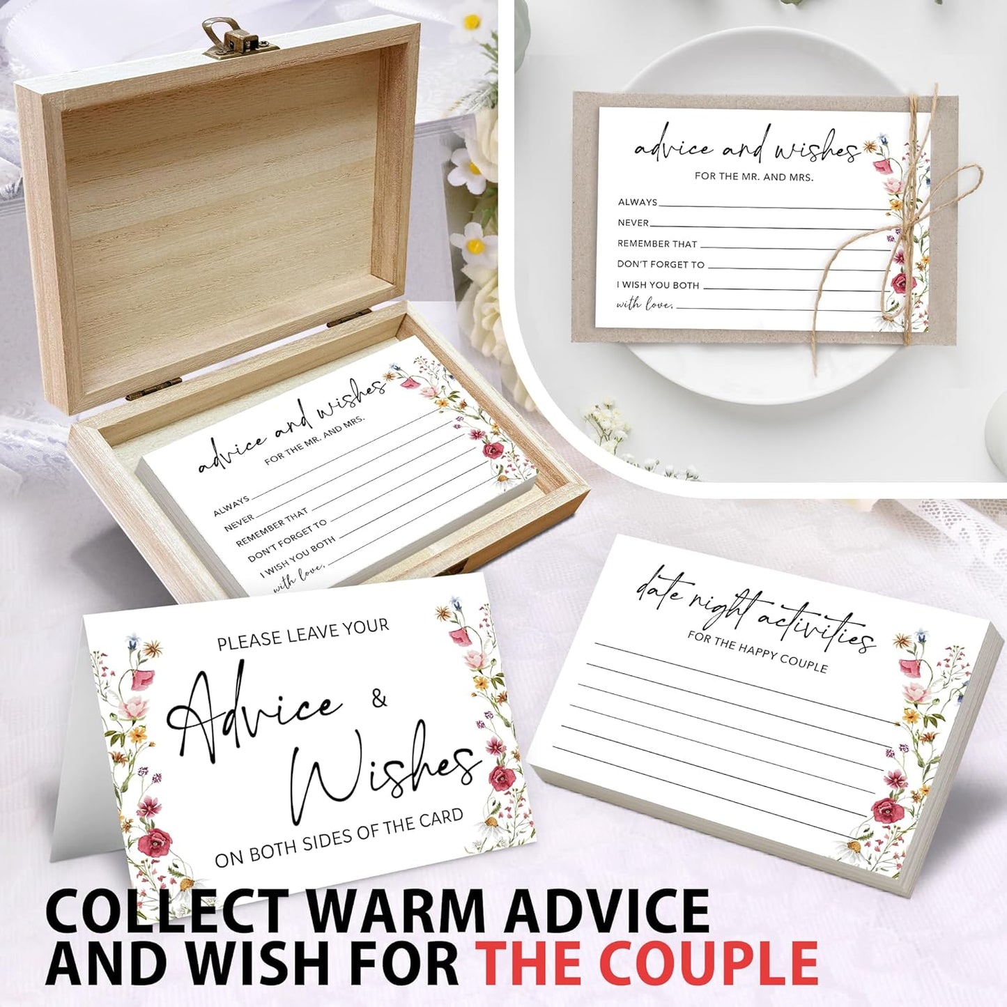 Boho Advice and Wishes for the Mr and Mrs - 50 Packs Wedding Advice Cards Bridal Shower Game Cards with Box Reception Guest Book for Bride Groom Newlywed Engagement Party Decoration -A08