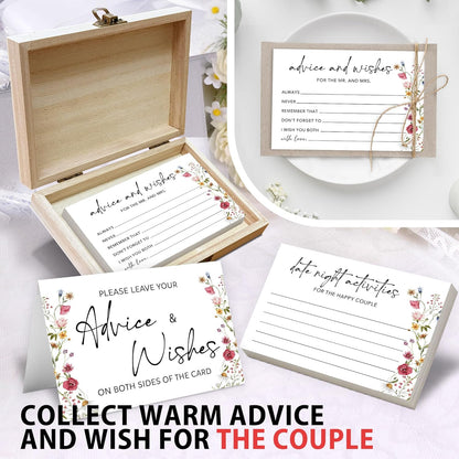 Boho Advice and Wishes for the Mr and Mrs - 50 Packs Wedding Advice Cards Bridal Shower Game Cards with Box Reception Guest Book for Bride Groom Newlywed Engagement Party Decoration -A08