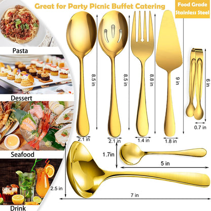 8 PCS Stainless Steel Serving Utensils, Large Serving Spoons Slotted Spoons, Forks, Ice Suger Tongs, Cake Server, Soup Ladle, Metal Utensils Set Great for Buffet Catering Banquet Party, Gold