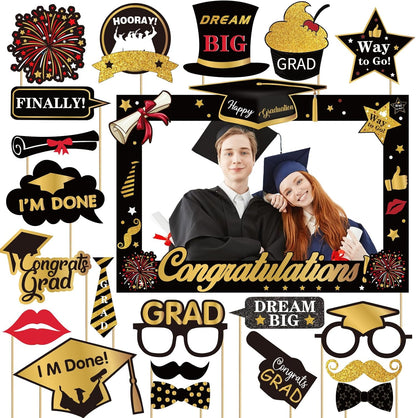 2026 Graduation Photo Booth Props, Black Gold Graduation Photo Prop Frame & Grad Photo Booth Props, Funny Grad Party Selfie Props, Selfie Photo Frame for High School and College Grad