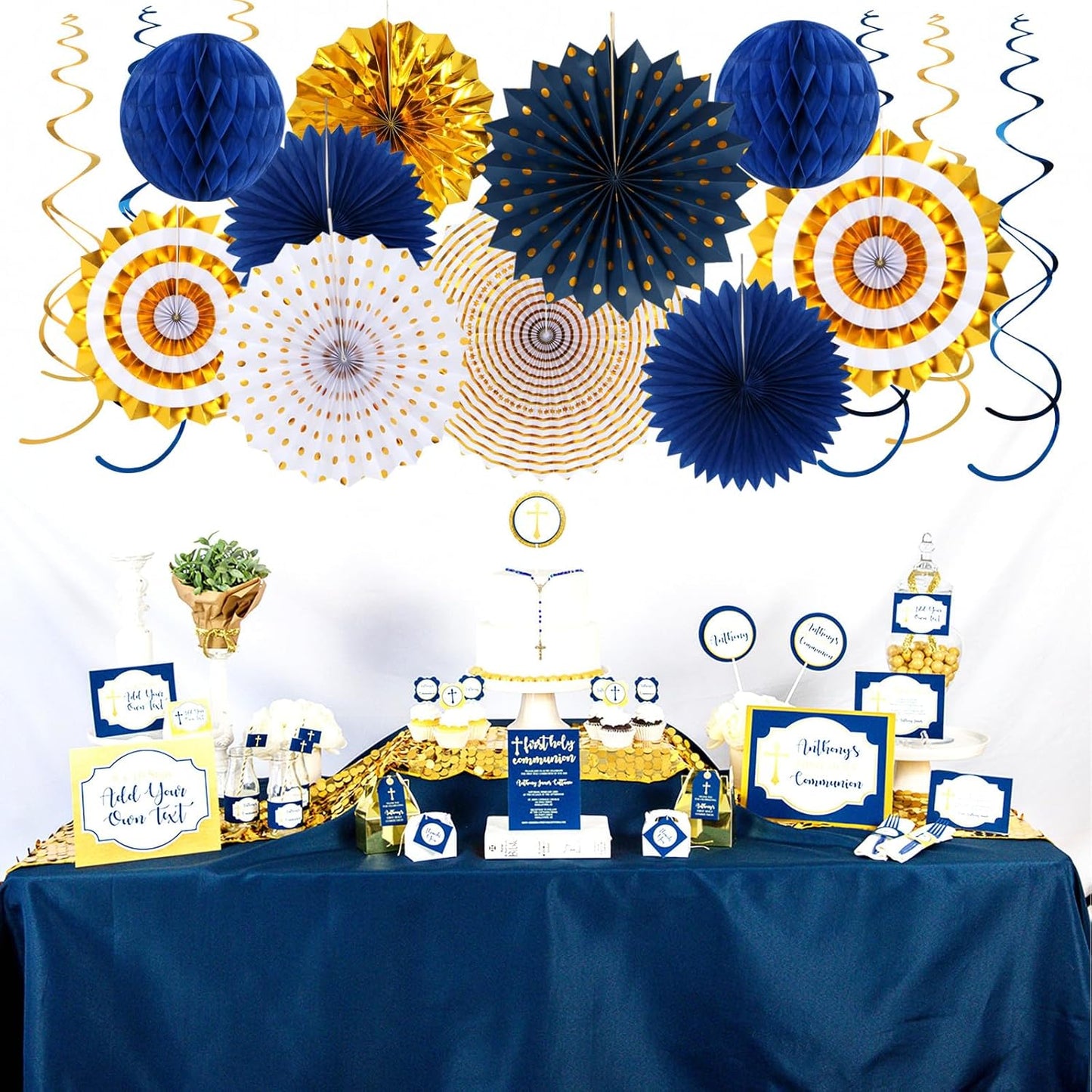 Navy-Blue White Silver Tissue Pom-Poms - 15pcs 5 Size Party Decorations Paper Flowers,Graduation Wedding Baby Bridal Shower Room Hanging Decorations Boy Birthday Party Backdrop Decor Panduola