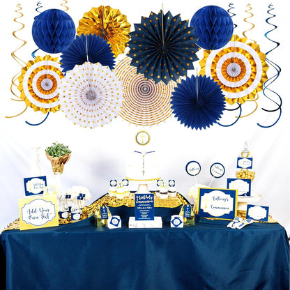 Navy-Blue White Silver Tissue Pom-Poms - 15pcs 5 Size Party Decorations Paper Flowers,Graduation Wedding Baby Bridal Shower Room Hanging Decorations Boy Birthday Party Backdrop Decor Panduola