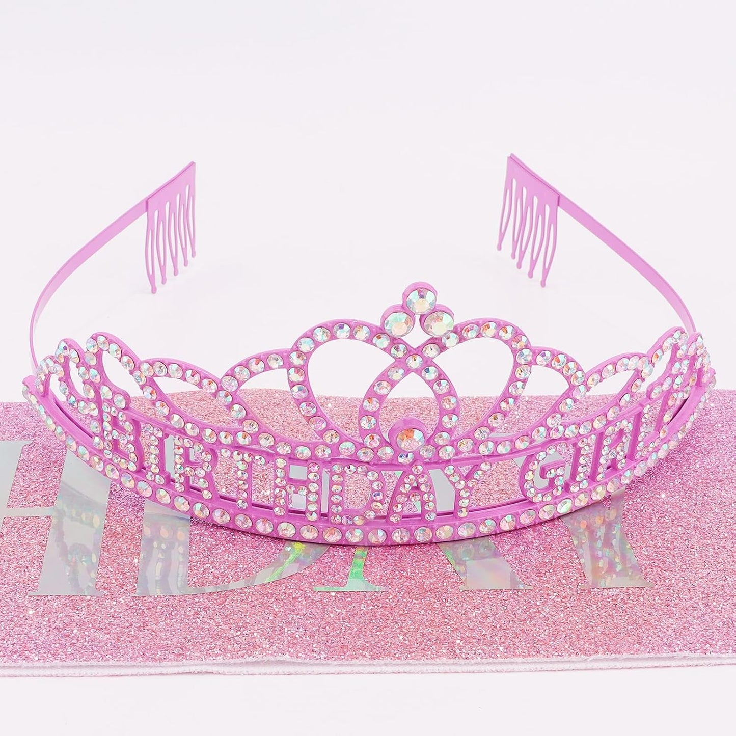Chanaco Happy Birthday Crown and Sash Kit for Women and Girls - Rhinestone Tiara and Sashes with 'BIRTHDAY GIRL' Sash for Party Favors