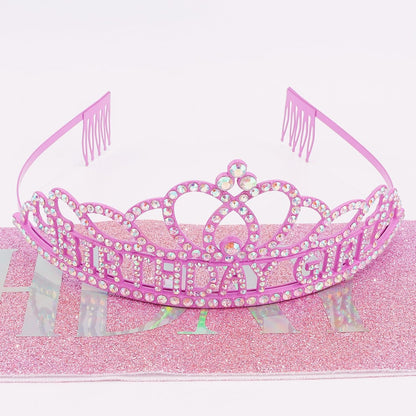 Chanaco Happy Birthday Crown and Sash Kit for Women and Girls - Rhinestone Tiara and Sashes with 'BIRTHDAY GIRL' Sash for Party Favors