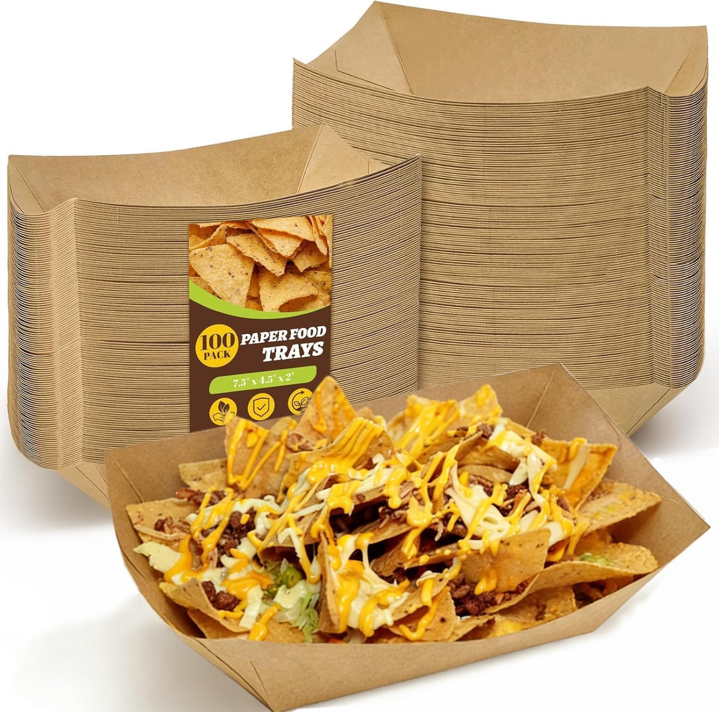 Ocmoiy 1lb Paper Food Trays, 100 Pack Heavy Duty Kraft Food Boats Holders Disposable Serving Basket Trays for Nachos, Fries, BBQ, Festivals, Party