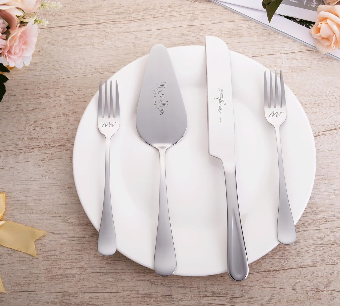 4 Pieces Wedding Cake Knife and Server Set, Stainless Steel Mr and Mrs Cake Cutter and Forks for Wedding, Birthday, Bridal Shower Gifts for Couples (Rose Gold)