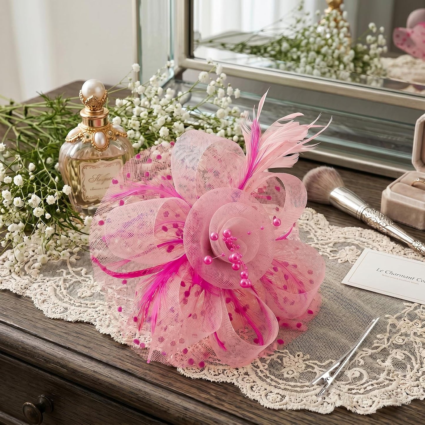 DRESHOW Fascinators Hat Flower Mesh Ribbons Feathers on a Headband and a Clip Tea Party Headwear for Girls and Women - Colors B