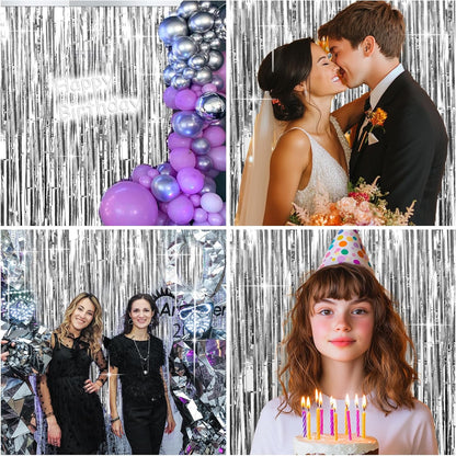 4 Packs Silver Foil Fringe Curtain, Silver Glitter Metallic Tinsel Backdrop for Birthday, Wedding, Baby Shower, Bachelorette, 70s 80s 90s Theme Disco Party, Iridescent Party Decorations Supplies