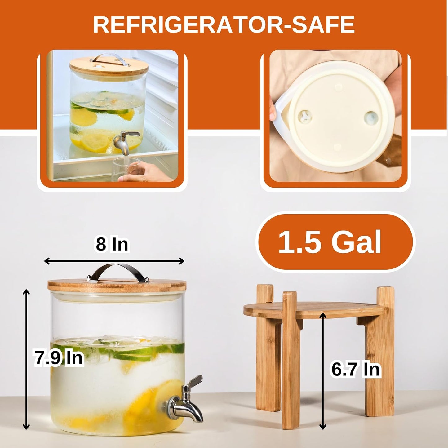 Glass Beverage Dispenser with Bamboo Stand 6.7 In and Lid, Iced 2.9 Gallon Drink Server with Spigot, Large Thick Glass Drink Dispenser for Parties, Hotels, Restaurants, Homes