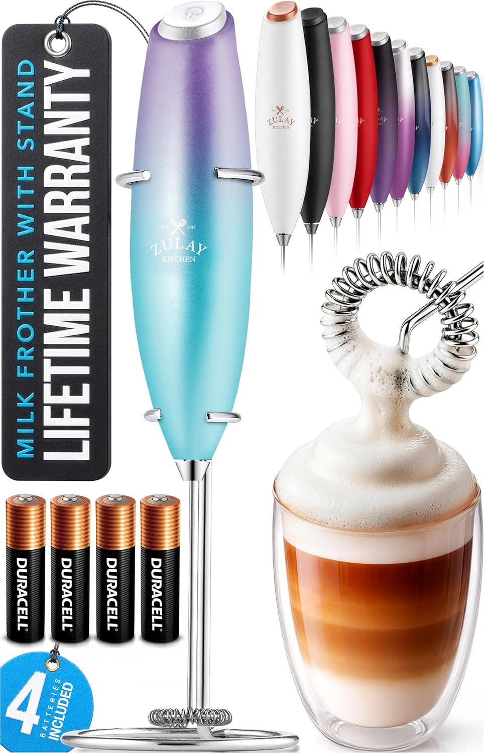 Zulay Kitchen Powerful Milk Frother Wand With Duracell Batteries - Ultra Fast Handheld Drink Mixer - Electric Whisk Foam Maker for Coffee, Lattes, Cappuccino & Matcha - Z1 Motor - Black - Colors A