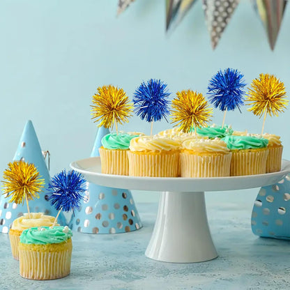 Ephlyn 30Pcs Foil Firework Cupcake Toppers Sparkle Tinsel Cupcake Picks Drink Stirrers Cocktail Food Fruit Toothpicks for Baby Shower Graduation Party Supplies White