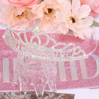 Chanaco Happy Birthday Crown and Sash Kit for Women and Girls - Rhinestone Tiara and Sashes with 'BIRTHDAY GIRL' Sash for Party Favors