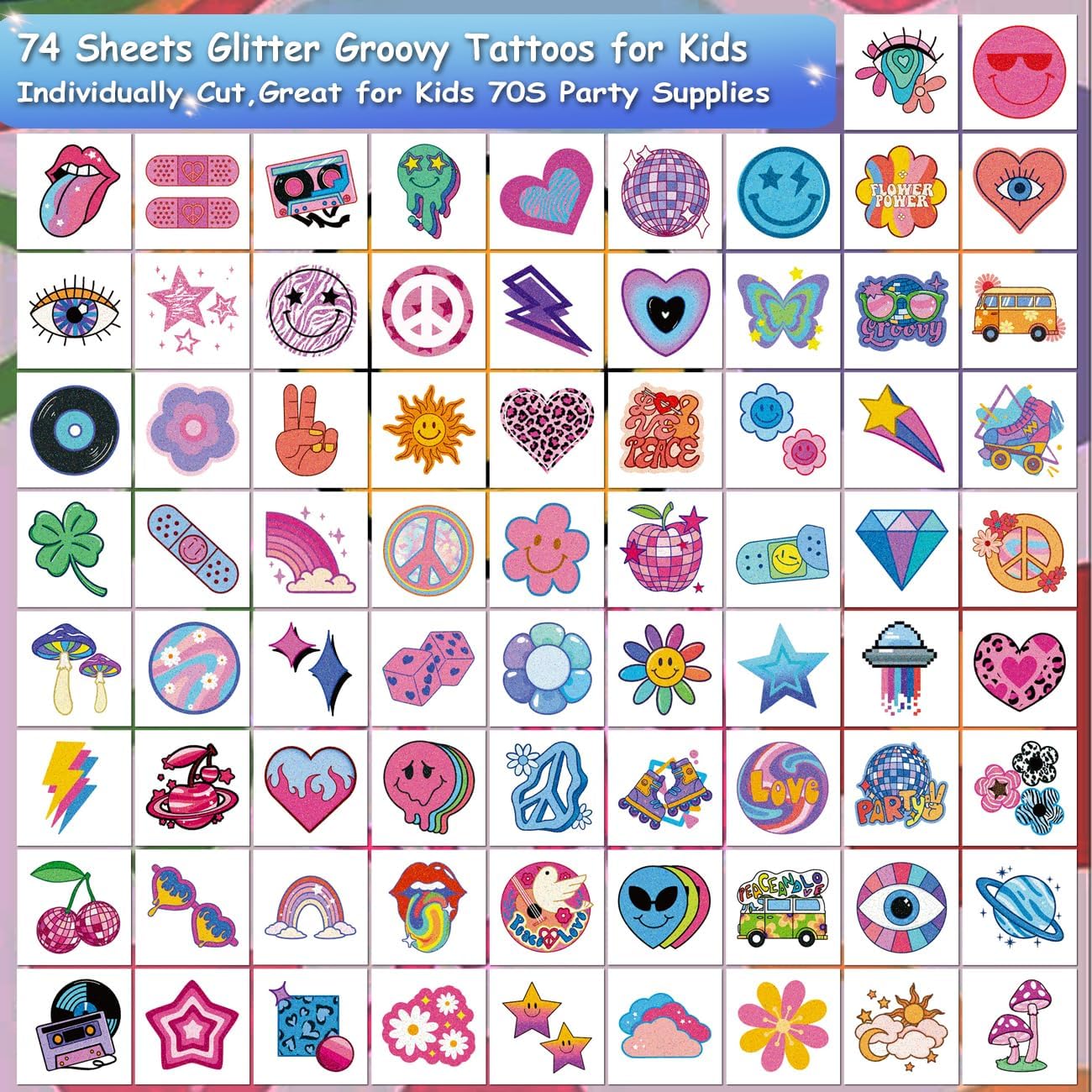 CHARLENT Glitter Groovy 70s Temporary Tattoos for Kids - 74 Individually Sheets Glitter Retro Flower Power, Smiley Decorations Tattoos Stickers for Boys Girls Party Supplies