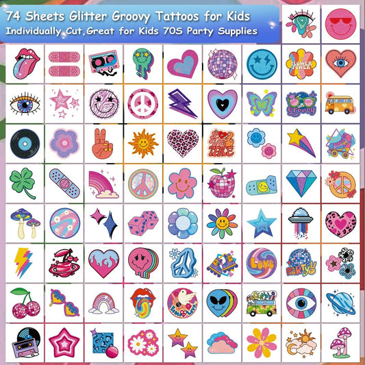CHARLENT Glitter Groovy 70s Temporary Tattoos for Kids - 74 Individually Sheets Glitter Retro Flower Power, Smiley Decorations Tattoos Stickers for Boys Girls Party Supplies