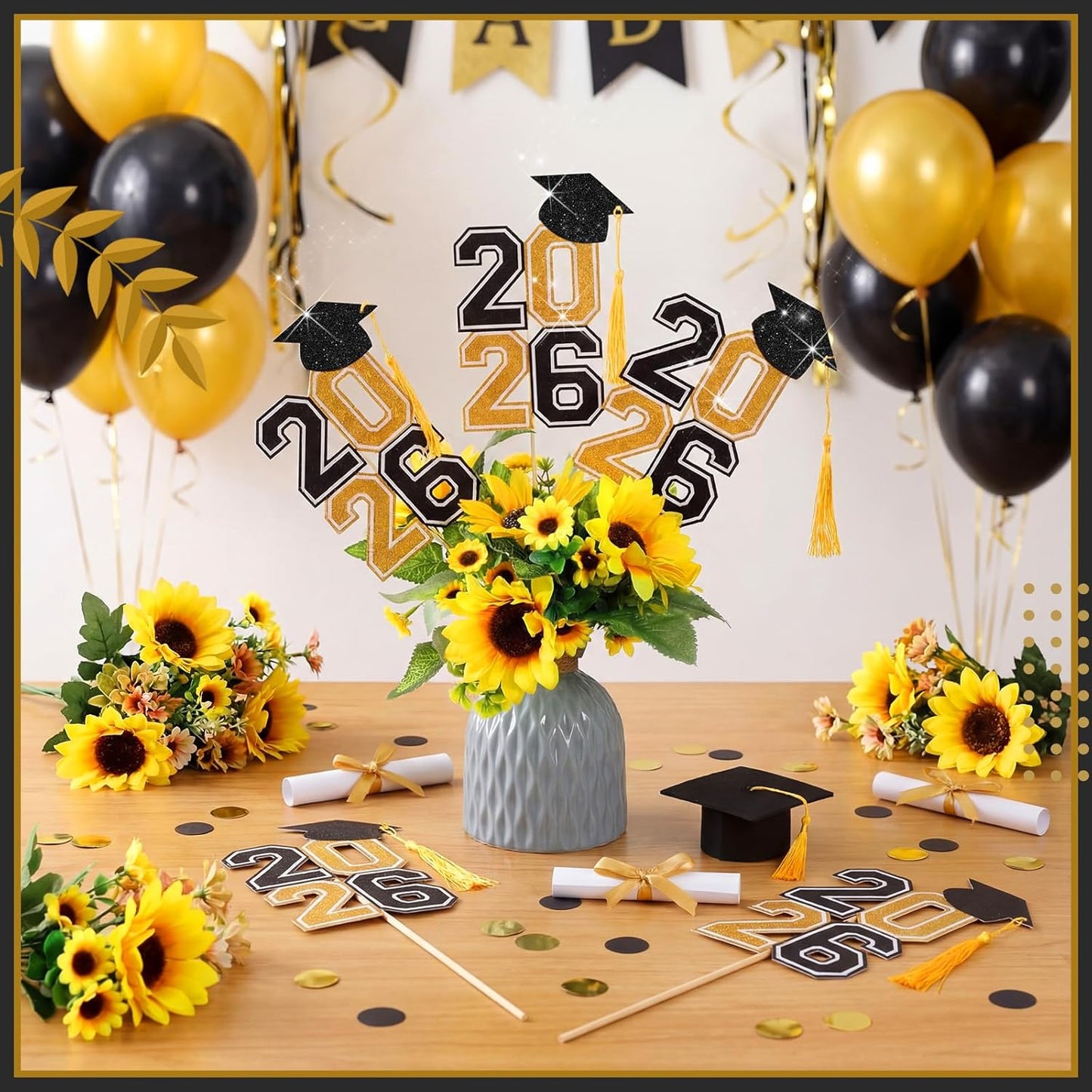 10 Pcs Graduation Table Centerpieces Sticks with Tassels, class of 2026 Grad Cap Picks Table Decoration Cupcake Toppers for Party Centerpiece Decoration Supplies(Blue and Gold)