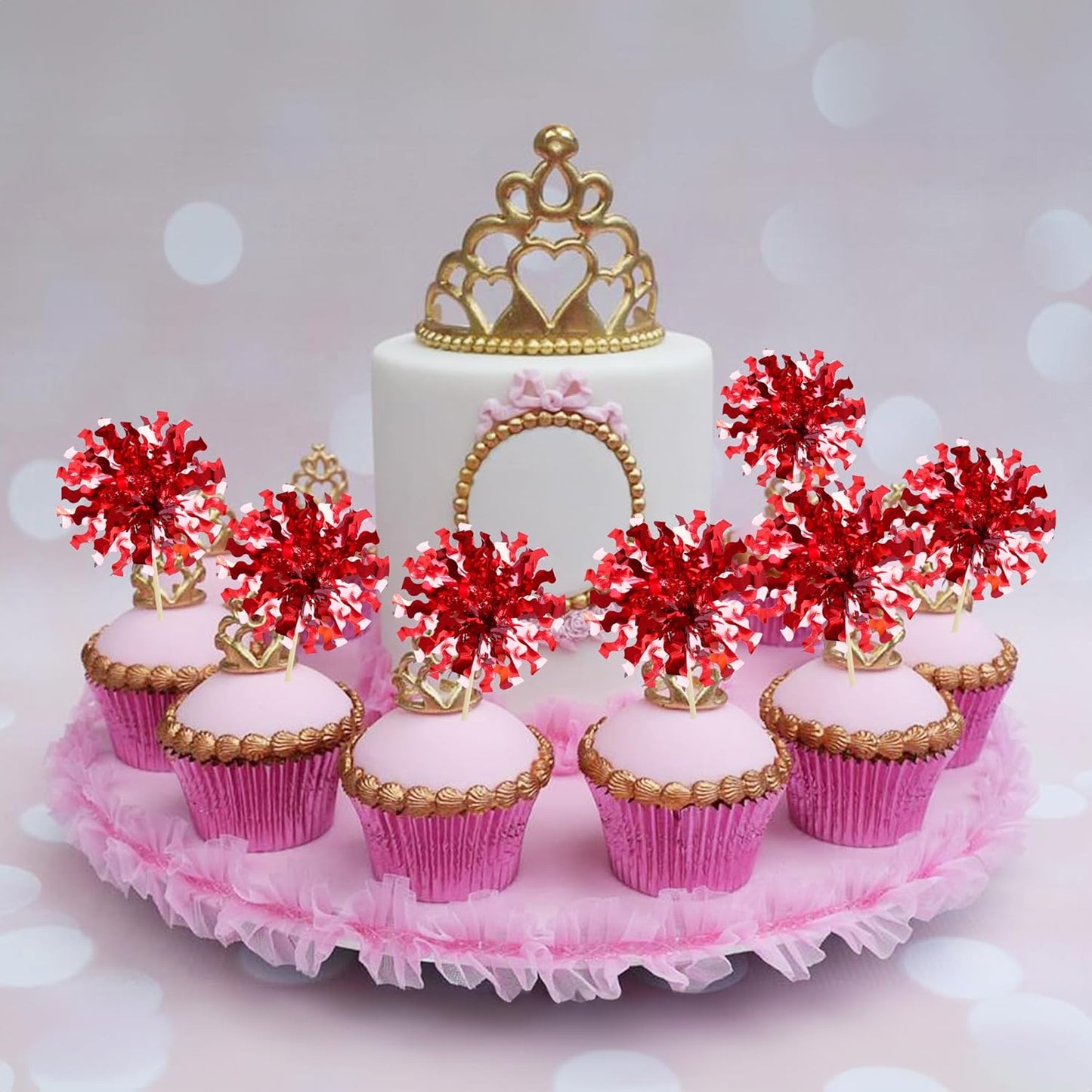 Ephlyn 30Pcs Foil Firework Cupcake Toppers Sparkle Tinsel Cupcake Picks Drink Stirrers Cocktail Food Fruit Toothpicks for Baby Shower Graduation Party Supplies White