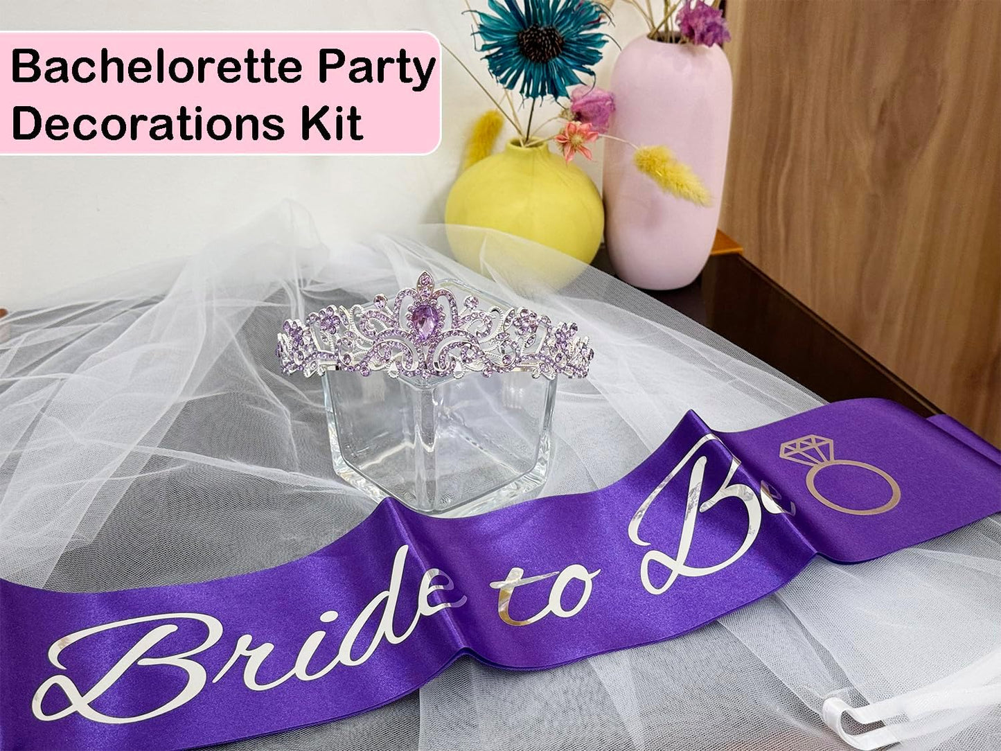 JETKONG 3 Pcs Bachelorette Party Decorations Bridal Shower Crown, Bride to Be Sash&Veil for Women Bachelorette Party Gifts, Bachelorette Party Supplies, Gifts, Favors (Rose Gold)