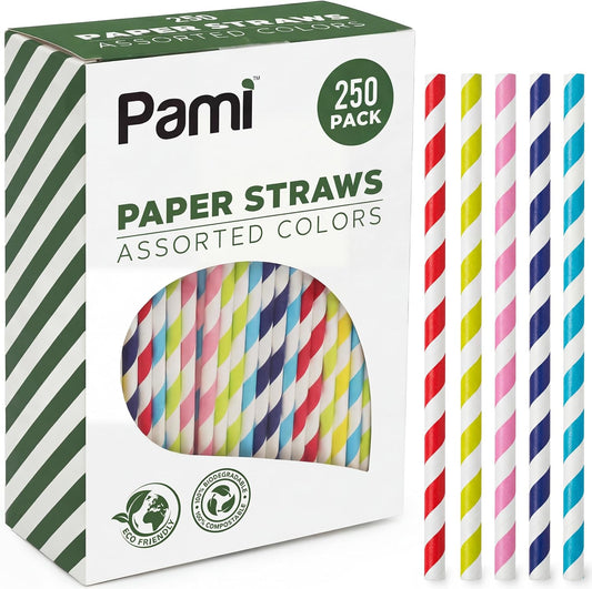 PAMI 250-Pack Compostable Paper Straws for Drinking, Assorted Colors Including Pink, Pfas- Biodegradable Sturdy for Coffee Juice Cocktails Parties