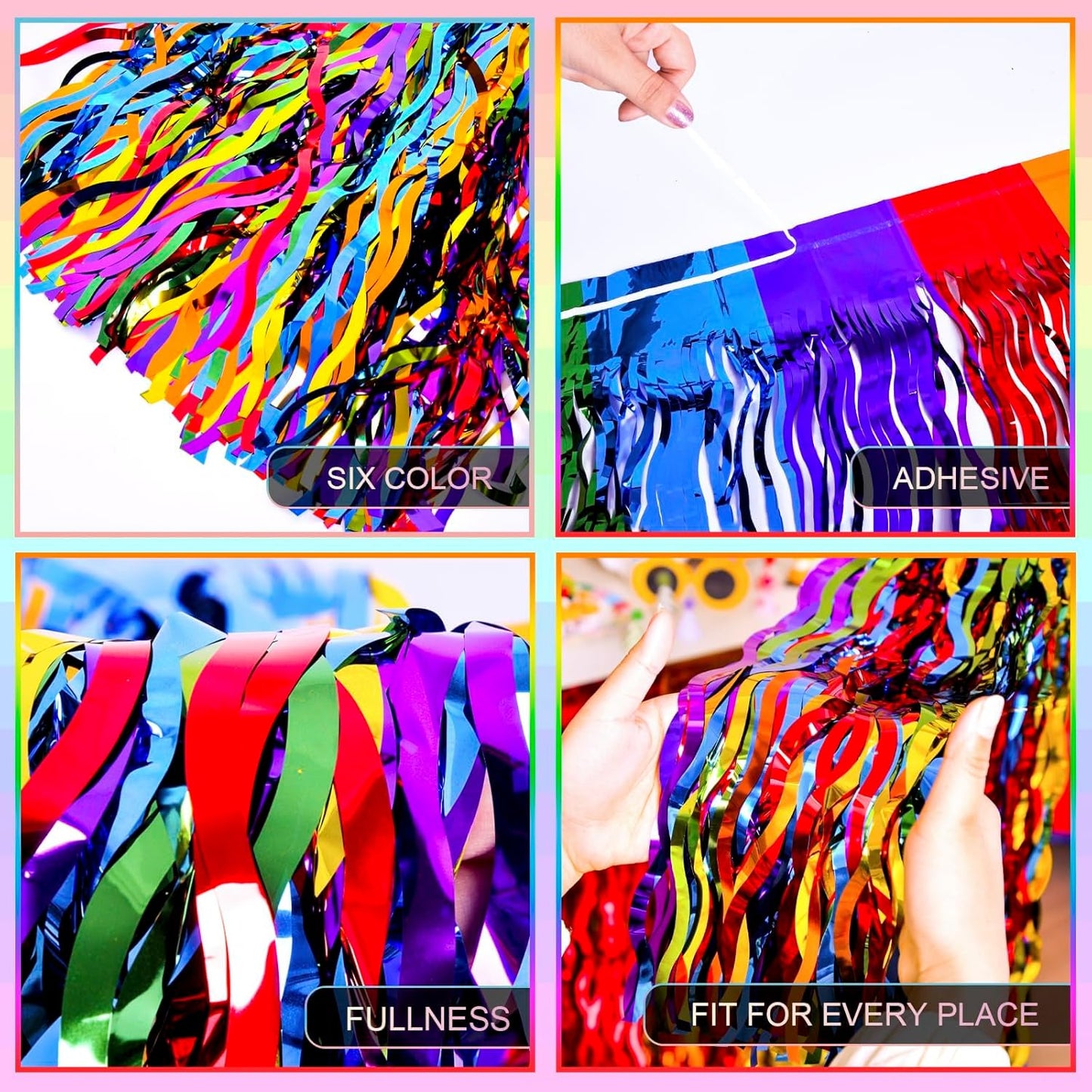 LOLStar Rainbow Party Decorations, 2 Pack Wavy Metallic Tinsel Foil Fringe Table Skirts, Perfect Table Decors for Birthday Holiday Wedding Engagement Bridal Shower Pride Party Cartoon Party