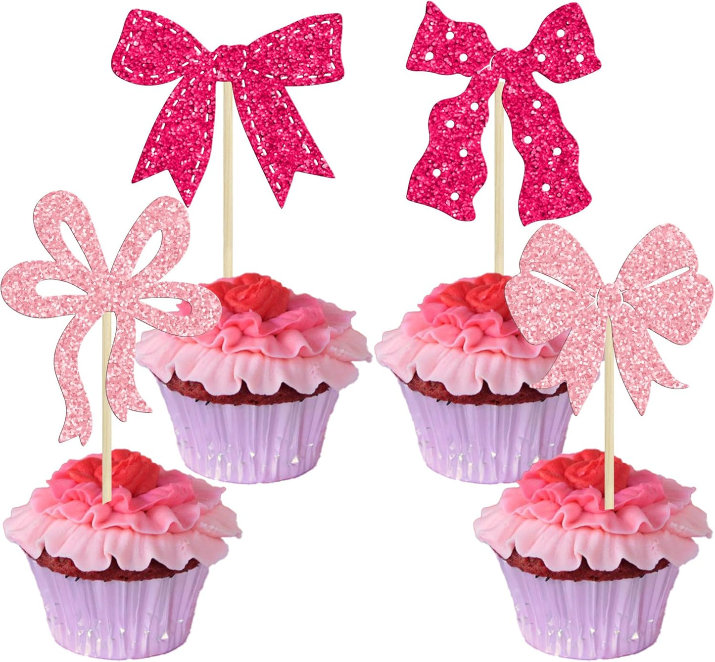Ephlyn 24Pcs Pink Bow Cupcake Toppers Bow Birthday Cake Topper Girls Birthday Party Decorations Bowknot Cupcake Decorations for Bridal Wedding Themed Party Multi