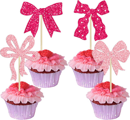 Ephlyn 24Pcs Pink Bow Cupcake Toppers Bow Birthday Cake Topper Girls Birthday Party Decorations Bowknot Cupcake Decorations for Bridal Wedding Themed Party Multi