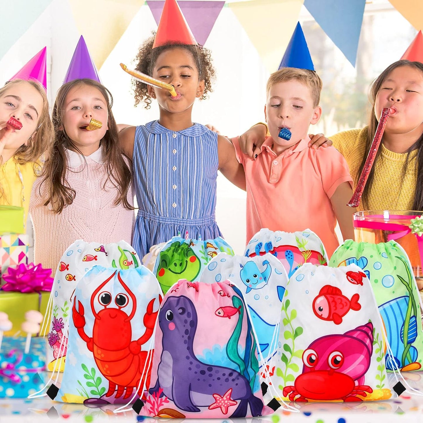 Marsui 24 Pcs Glowing Party Favor Drawstring Bags Gift Goodie Candy Favors Bags for Birthday Party Supplies