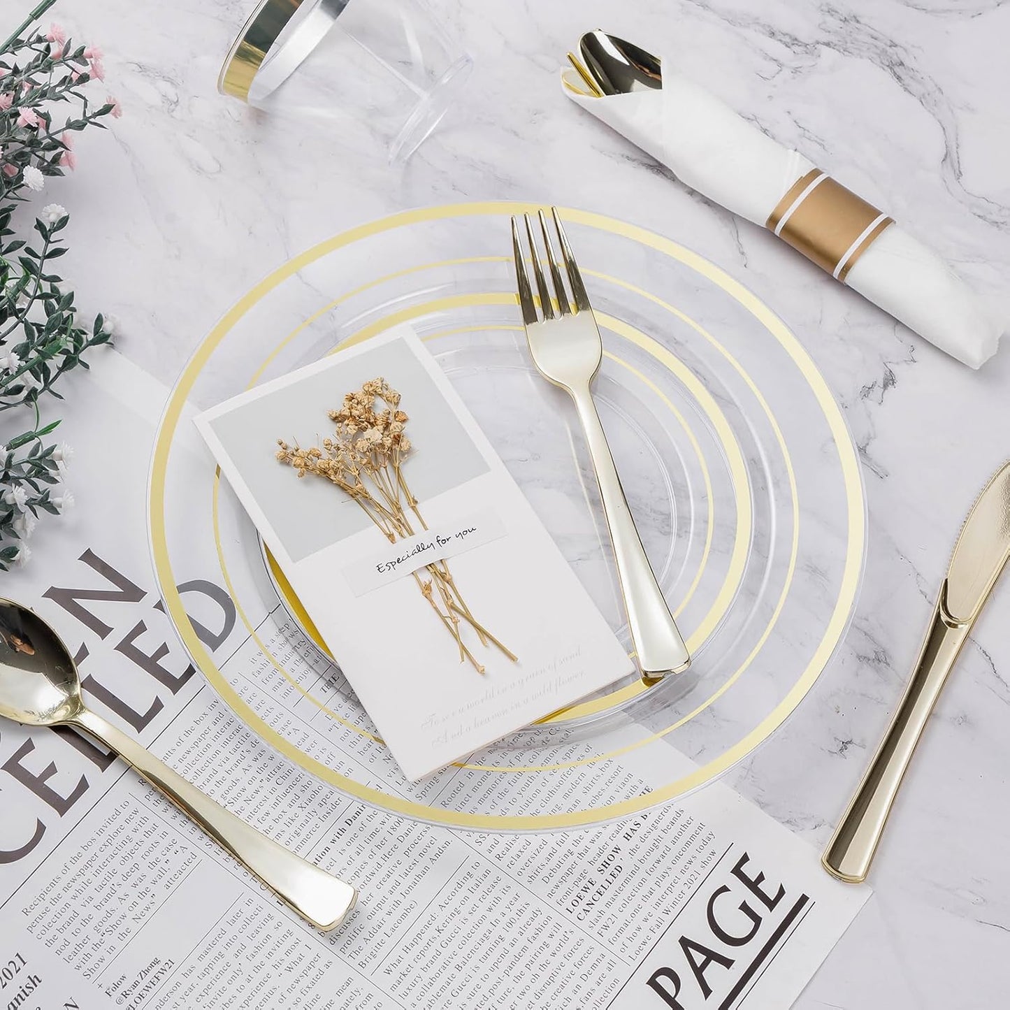 BESTVIP 350PCS Gold Plastic Dinnerware Set, Disposable Party Plates for 50 Guests, Include: 100 Plastic Plates, 50 Pre Rolled Napkins with Gold Silverware, 50 Cups