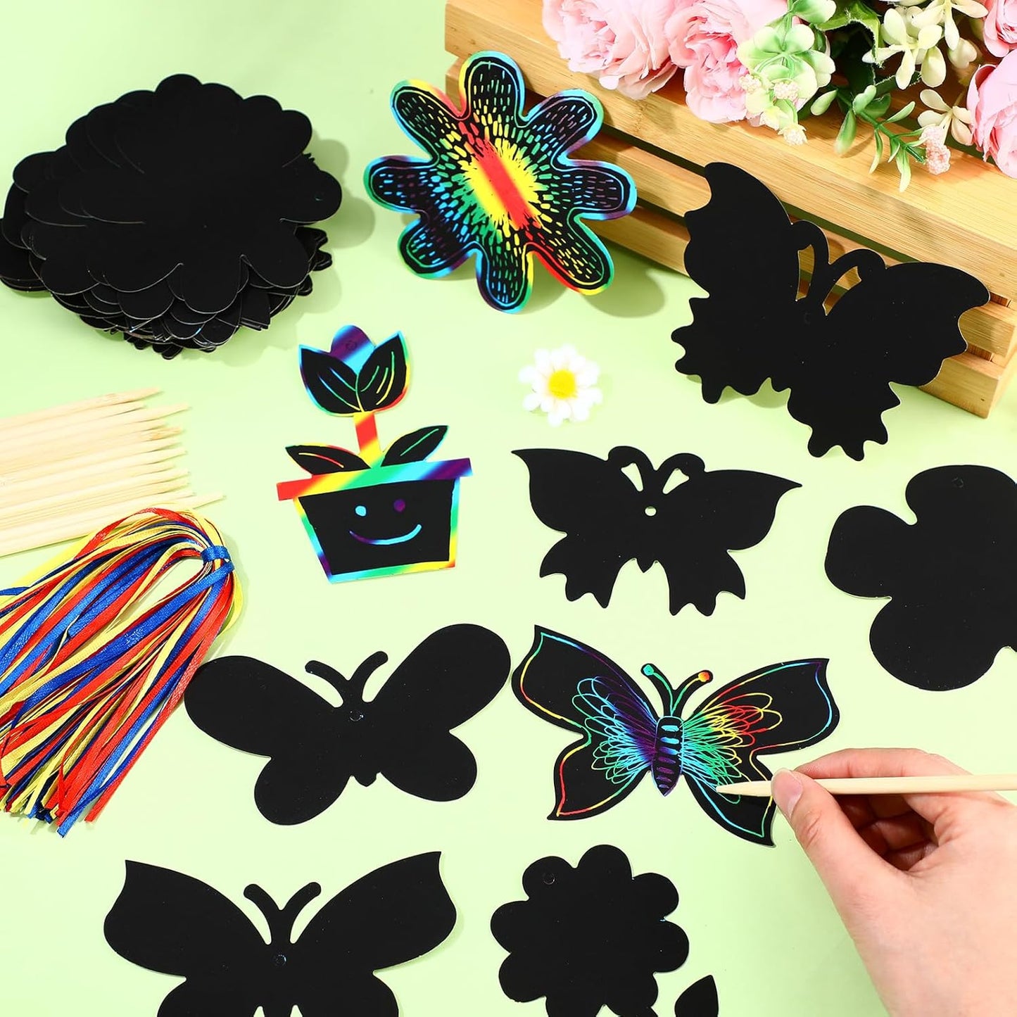 HyDren 80 Pcs Spring Scratch Cards Rainbow Flower Butterfly Scratch Paper Tea Party Theme Flower Crafts with Bamboo Stylus and Ribbon for Adult Home DIY Craft(Classic Style)