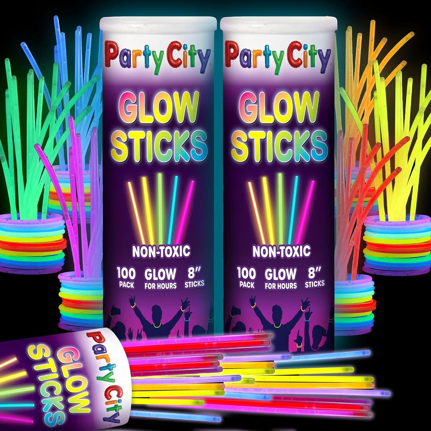 Party City 100 Glow Sticks Bulk Party Pack 8”– Neon Glow in the Dark Party Supplies, Glowsticks with Connectors Bracelets & Necklaces, Light Up Favors for Kids, Adults, Birthdays, Parties, Decorations