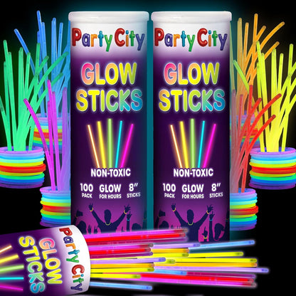 Party City 100 Glow Sticks Bulk Party Pack 8”– Neon Glow in the Dark Party Supplies, Glowsticks with Connectors Bracelets & Necklaces, Light Up Favors for Kids, Adults, Birthdays, Parties, Decorations