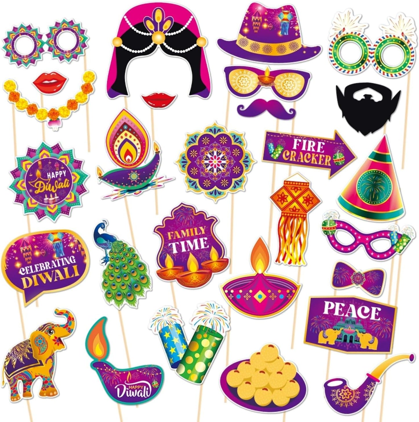 KYMY Happy Diwali Party Photo Booth Props Set, 1pc Deepavali Rangoli Selfie Frame with 20pcs Photo Booth Props, India Festival of Lights Party Favors for Hindu Diwali Themed Decorations Supplies