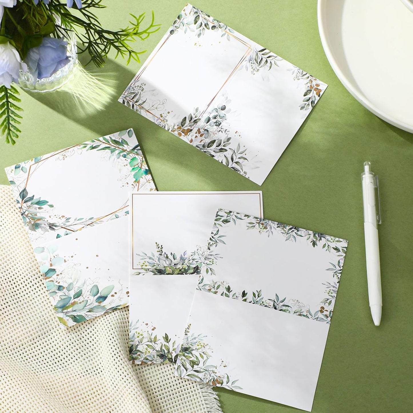 Honoson 48 Pcs Watercolor Greenery Place Cards for Table Setting 4.6 x 3 Inch Blank Fillable Seat Card Eucalyptus Tent Folding Name Card for Weddings, Parties, Banquets
