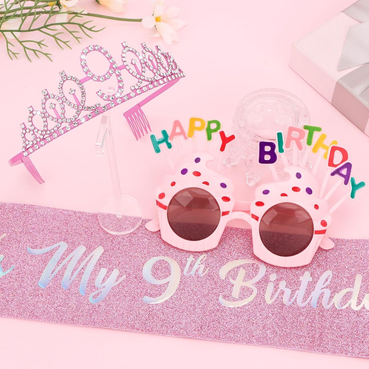 YARIEW 3rd Birthday Decorations, 3rd Glitter Purple Sash and Crown Kit with Happy Birthday Sunglasses, Tiara Princess Crown and Sash Party Outfit Accessory