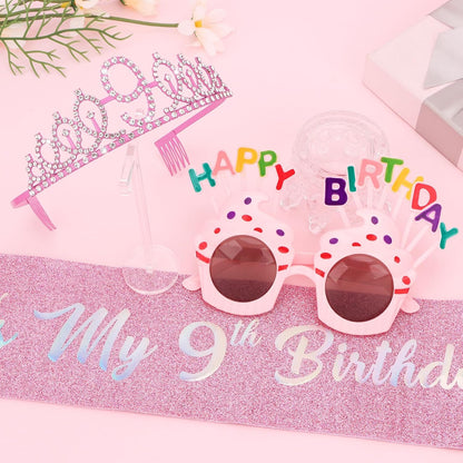 YARIEW 3rd Birthday Decorations, 3rd Glitter Purple Sash and Crown Kit with Happy Birthday Sunglasses, Tiara Princess Crown and Sash Party Outfit Accessory