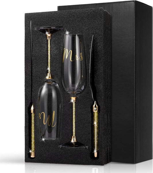 Boao 4 Piece Wedding Cake Knife and Champagne Flutes Server Set Mr and Mrs Toasting Flutes Crystal Rhinestone Cake Cutting Set for Bride and Groom Wedding Engagement Bridal Shower Gifts(Silver)