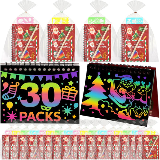 Feifeiya 30 Pack Christmas Scratch Art Party Favors for Kids Rainbow Notebook Birthday Goodie Bags Stuffers Kit Girls Boys Art Craft Pad for Christmas Gifts Classroom Prizes Teacher Supplies