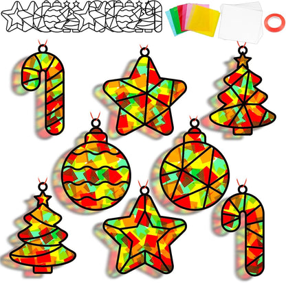 QOUBAI 32 Sets Stars Suncatchers Craft Back to School DIY Stained Glass Window Patriotic 4th of July Paper Craft Home School Classroom Decor Kid Birthday Gift Creative Art Activity Game - Colors A
