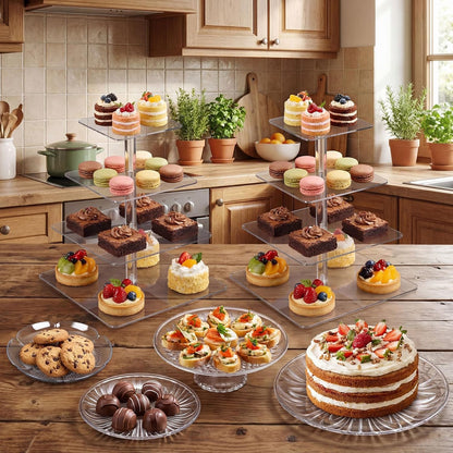 6 Pcs Acrylic Dessert Stands Set Include Display Risers Cupcake Tower and Clear Round Dessert Trays Cake Table Holder for Wedding Baby Shower Decoration(Classic Style)