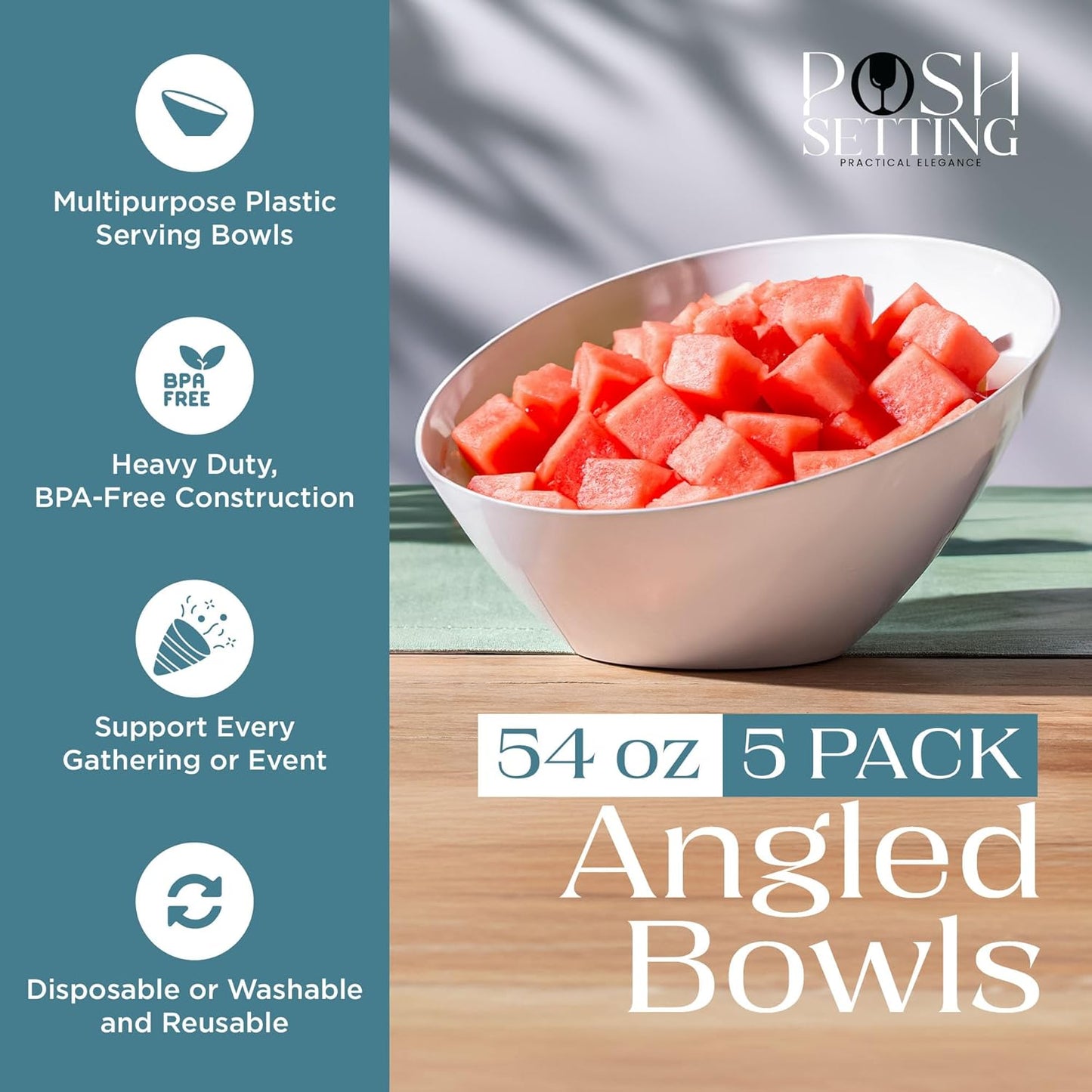 Posh Setting Crystal Clear, Disposable Premium Hard Plastic Medium Angled Bowl, Party, Salad, Snack and Fruit Bowl 5 Pack