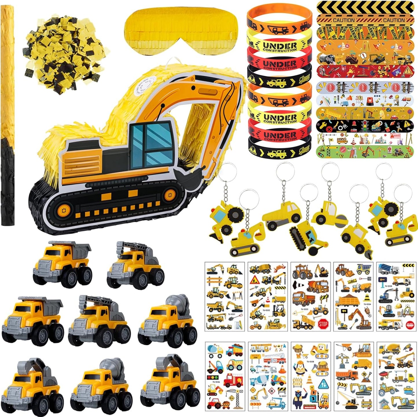 Construction Pinata Dump Truck Pinata for Boy Kids Construction Birthday Party Tractor Excavator Car with Vehicles Toys Bracelets Stickers Tapes Confetti Tools