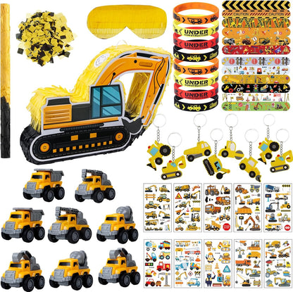 Construction Pinata Dump Truck Pinata for Boy Kids Construction Birthday Party Tractor Excavator Car with Vehicles Toys Bracelets Stickers Tapes Confetti Tools