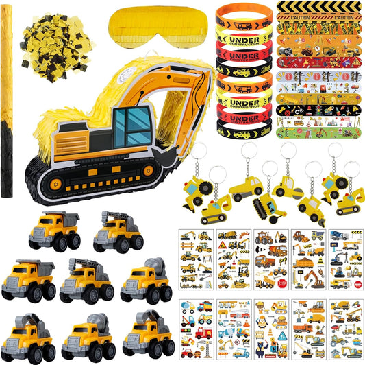 Construction Pinata Dump Truck Pinata for Boy Kids Construction Birthday Party Tractor Excavator Car with Vehicles Toys Bracelets Stickers Tapes Confetti Tools