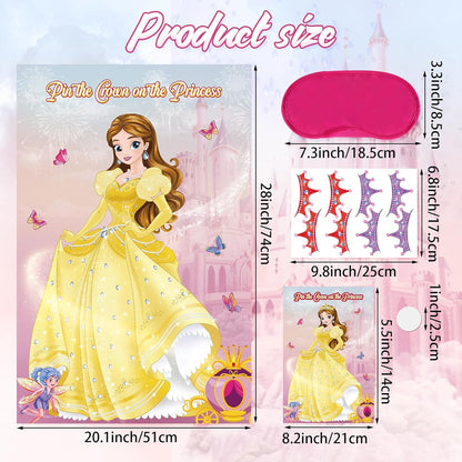 Pin The Crown on The Princess Party Games for Girls Princess Birthday Party with 24 Pcs Crowns, Large Princess Poster for Kids Girls Princess Birthday Party Princess Tea Party Decorations