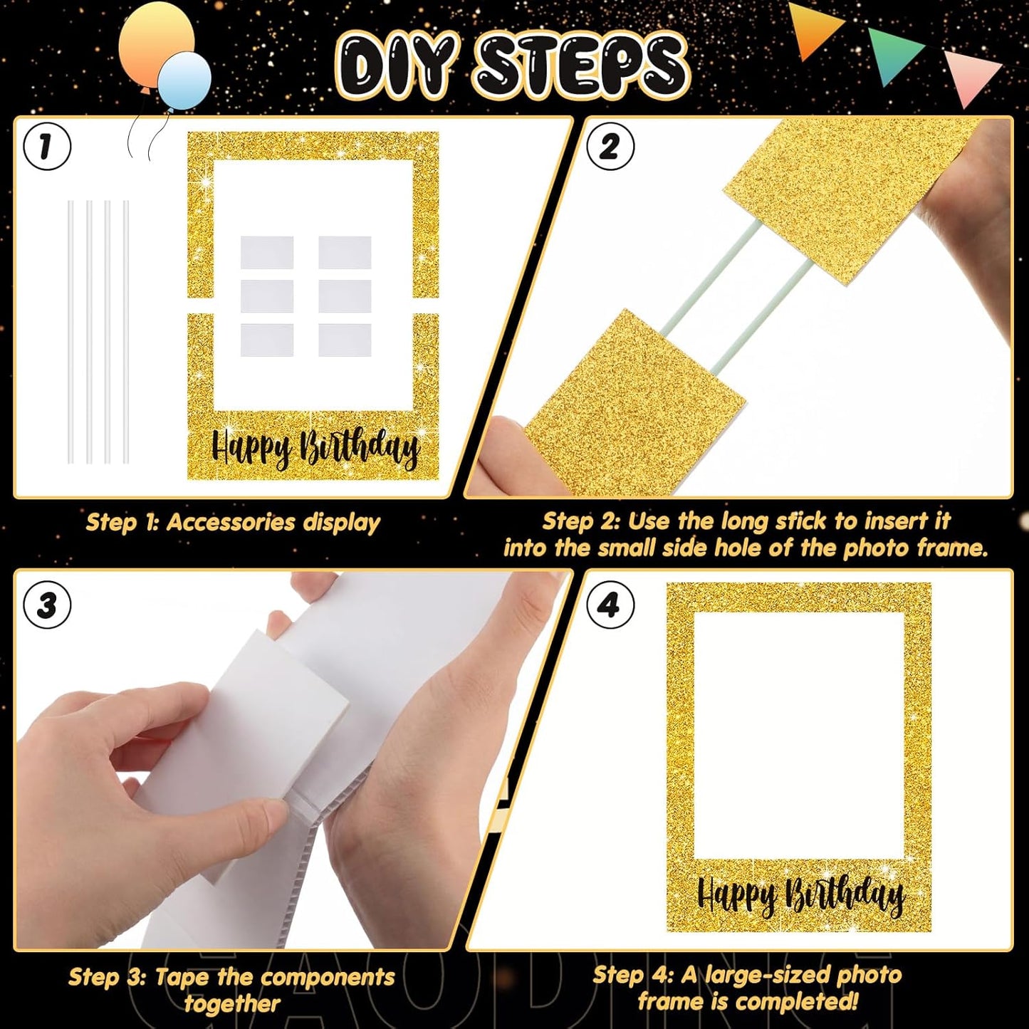 Beeveer 32 x 24 Inch Extra Large Happy Birthday Photo Booth Selfie Frame Props Picture DIY Cutouts Photo Backdrop Cardboard Props for Party Supplies Favors(Vertical,Shiny Gold)