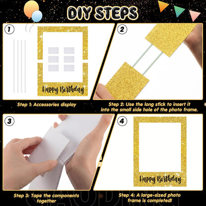 Beeveer 32 x 24 Inch Extra Large Happy Birthday Photo Booth Selfie Frame Props Picture DIY Cutouts Photo Backdrop Cardboard Props for Party Supplies Favors(Vertical,Shiny Gold)