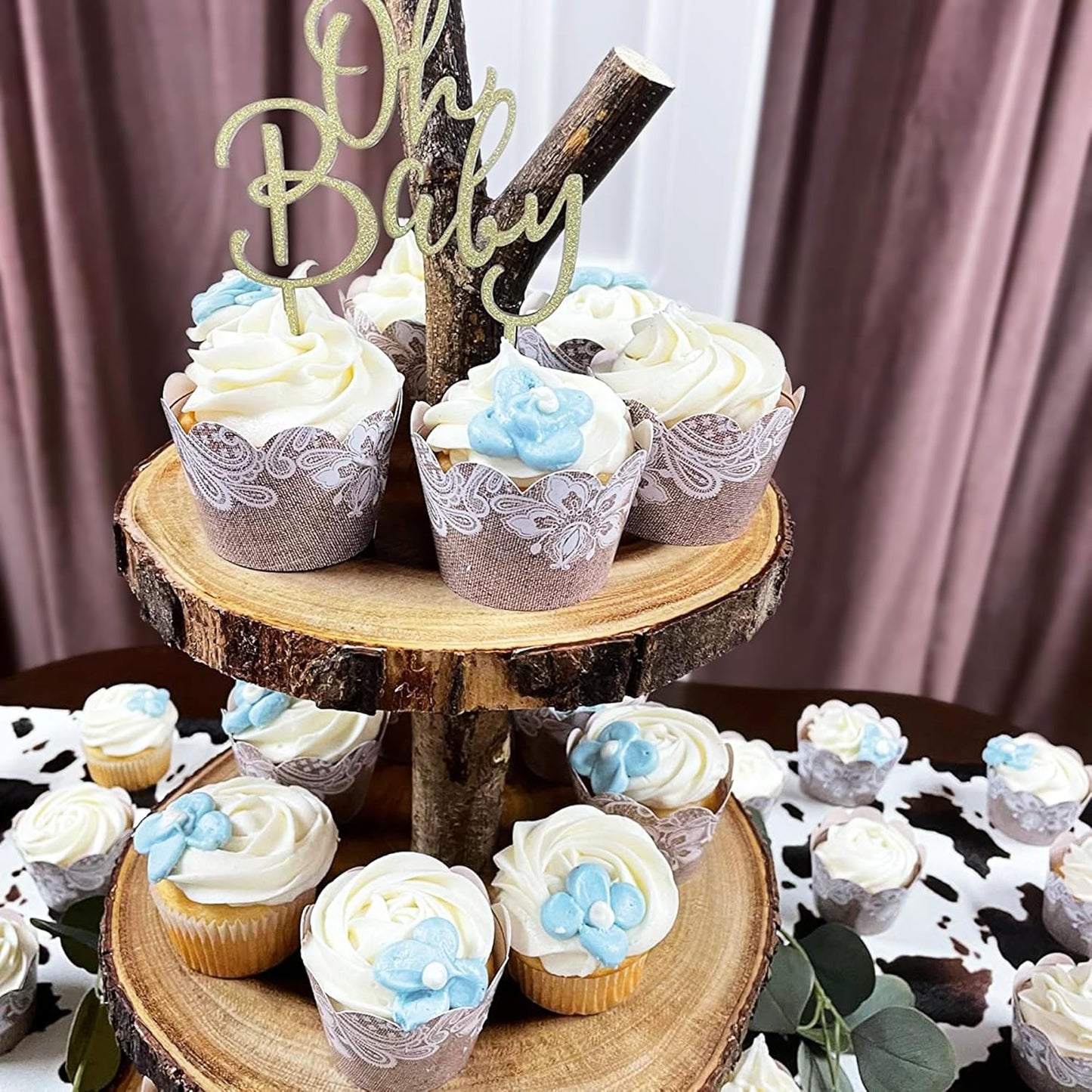 Burlap and Lace Cupcake Wrappers, 48 Count - Rustic Birch and Wood Grain Design, Burlap Cupcake Wrappers for Weddings and Parties by Pretty Cute Studios
