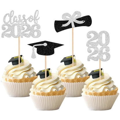 36 PCS 2026 Graduation Theme Cupcake Toppers Glitter Class of 2026 Grad Cap Diploma Cupcake Picks 2026 Graduation Theme Party Cake Decorations Supplies Deep Blue