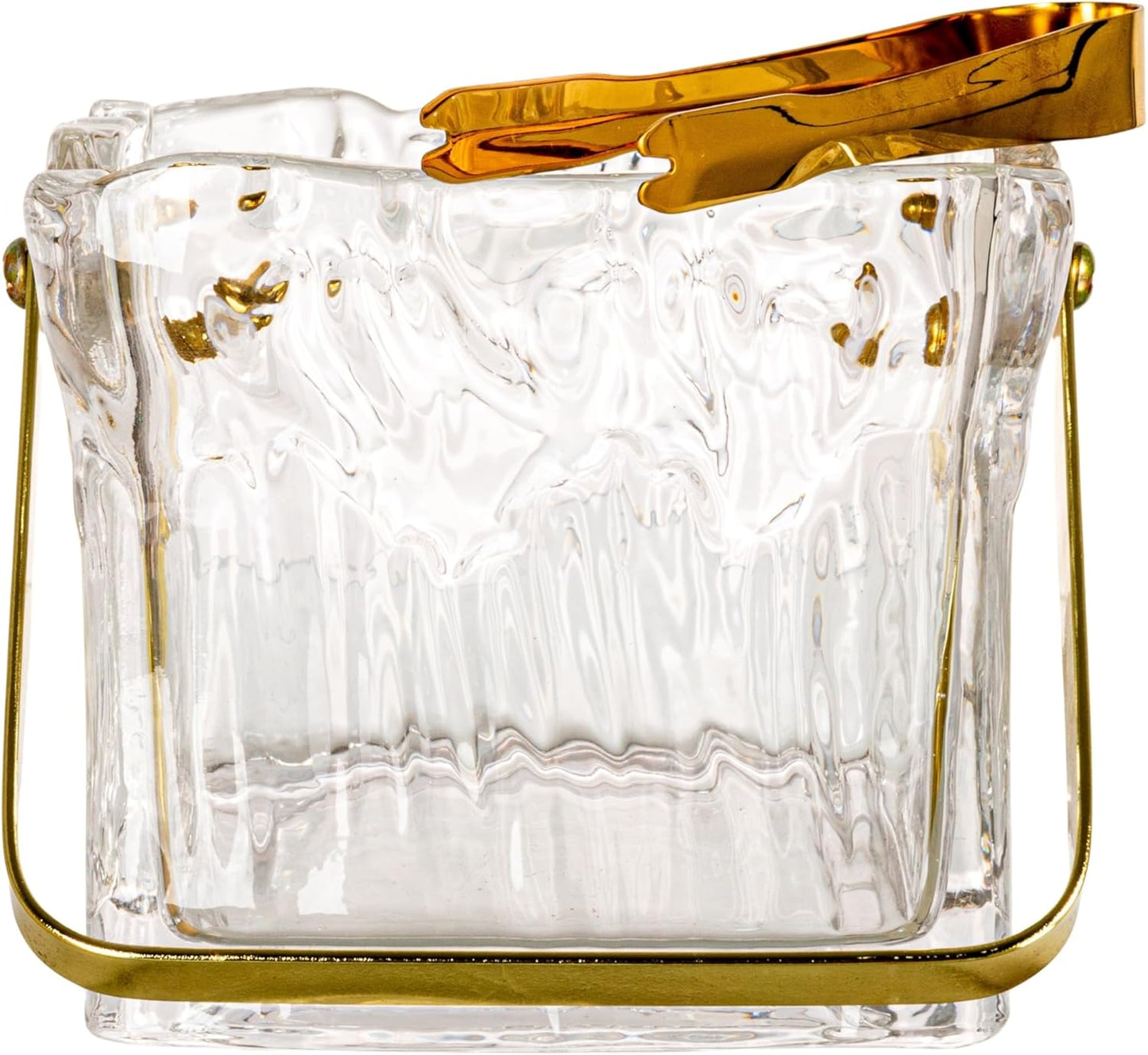 Creative Co-Op 24-Ounce Textured Glass Ice Bucket with Gold Finish Handle and Tongs, Clear/Gold